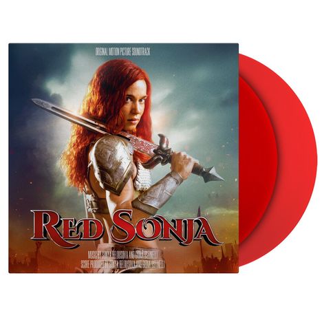 "Original Motion Picture Soundtrack: Red Sonja" steht oben. Eine rothaarige Frau mit Schwert und Rüstung ist dargestellt.