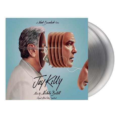 Text: „A Noah Baumbach Picture“, „Jay Kelly“, „Music by Nicholas Britell“. 

Illustration: Gesicht mit Scheiben geöffnet, kleine Figur darin. Vinyl-Schallplatte sichtbar.
