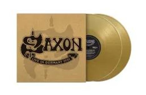 „Saxon Live in Germany 1991“ auf einem Albumcover. Zwei goldene Vinyl-Schallplatten sind teilweise sichtbar.