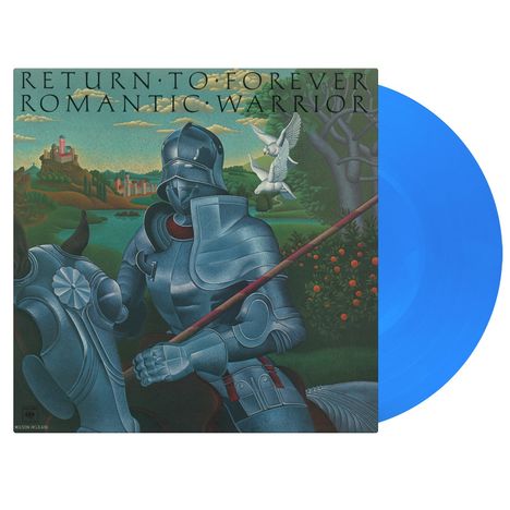 Titel: "RETURN TO FOREVER ROMANTIC WARRIOR". Illustration eines Ritters in Rüstung auf einem Pferd, im Hintergrund eine Burg.