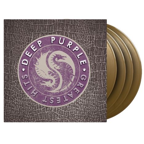 „Deep Purple Greatest Hits“ steht in einem Kreis auf einem strukturierten Hintergrund mit goldenen Schallplatten.