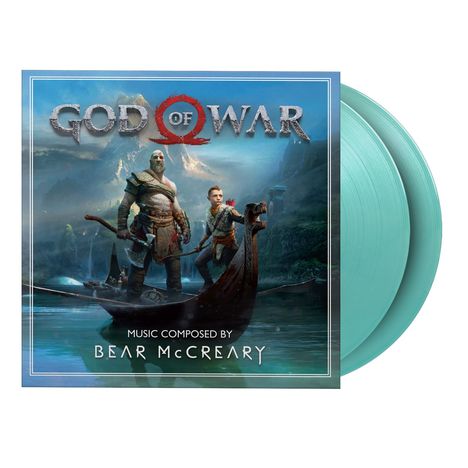 "GOD OF WAR" und "Music composed by Bear McCreary". Kratos und Atreus stehen in einem Boot vor einer majestätischen Landschaft.