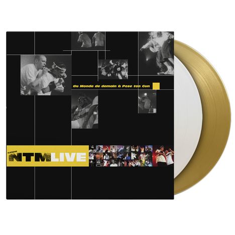 Collage aus Konzertfotos in Schwarz-Weiß, gelber und weißer Text "NTM LIVE". Goldene und weiße Schallplatten im Hintergrund.
