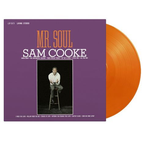 Albumcover mit lila Hintergrund, orangem Text "Mr. Soul", weißem Text "Sam Cooke". Enthält orangene Schallplatte.