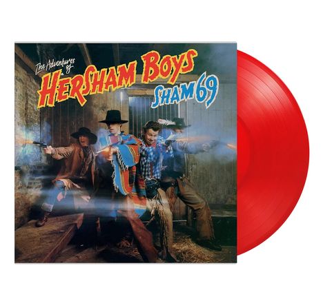 „The Adventures of Hersham Boys Sham 69“ steht auf einem Cover. Vier Personen in Cowboy-Outfits halten Pistolen.
