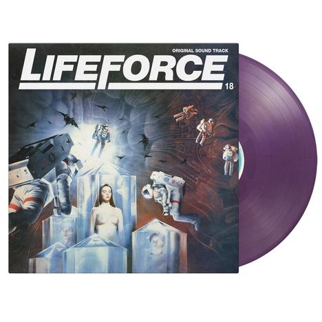 "LIFEFORCE, Original Sound Track". Illustration: Astronauten und Menschen in Kristallen, violette Schallplatte.