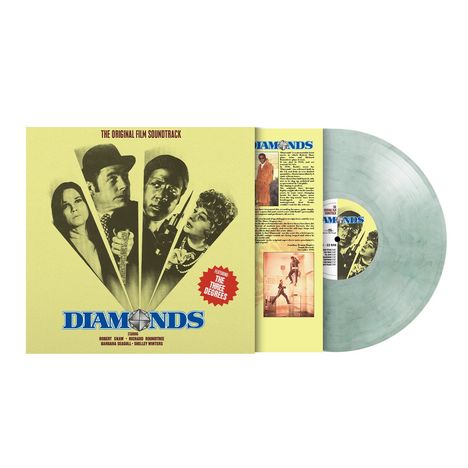 „The Original Film Soundtrack“, „DIAMONDS“, „Featuring The Three Degrees“. Vier Personen in einem V-Format auf gelbem Hintergrund.