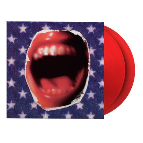 Illustration mit offenem Mund auf blauem Hintergrund mit weißen Sternen. Rote Schallplatten sichtbar.