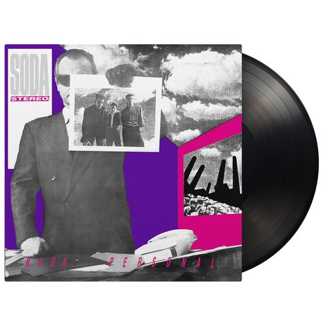 Text: "Soda Stereo", "Nada Personal". Collage mit Mann im Anzug, Foto in der Hand, lila und pinken Akzenten. Schallplatte rechts.