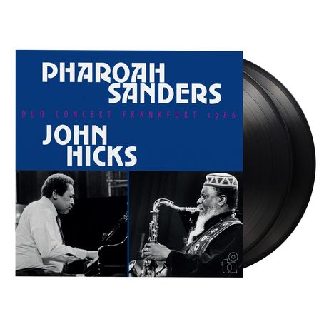"PHAROAH SANDERS DUO CONCERT FRANKFURT 1986 JOHN HICKS."  
Schwarz-weiße Fotos von zwei Männern mit Instrumenten.