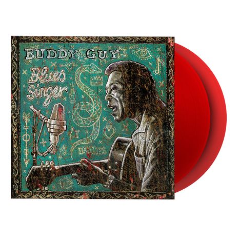 „Buddy Guy, Blues Singer“; Illustration eines Mannes mit Gitarre vor einem Mikrofon auf grünem Hintergrund.