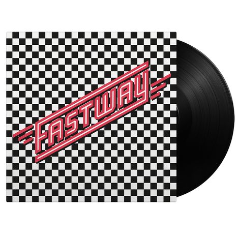 Der Text "FASTWAY" steht schräg über einem schwarz-weiß karierten Muster. Ein Schallplattenrand ist seitlich sichtbar.