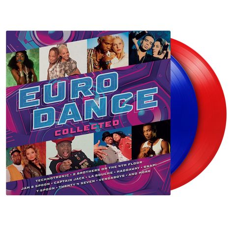 "EURO DANCE COLLECTED" mit Künstlernamen wie Technotronic und Vengaboys. Bunte Collage von Personen.