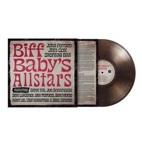 Text: "Biff Baby’s Allstars. featuring: Steve Vai, Joe Bonamassa..." Ein Plattencover mit Vinyl-Schallplatte.