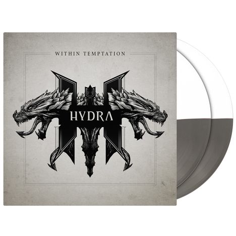 Text "WITHIN TEMPTATION" und "HYDRA". Illustration: Zwei Drachenköpfe, stilisiert, zeigen in entgegengesetzte Richtungen.