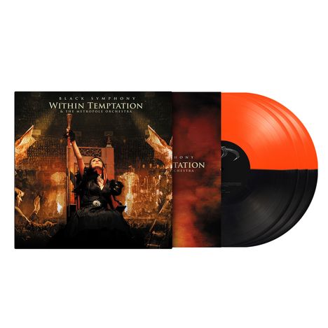 Schwarze und orangefarbene Vinylplatte mit "Black Symphony" von Within Temptation. Frau mit Stab auf Bühne.