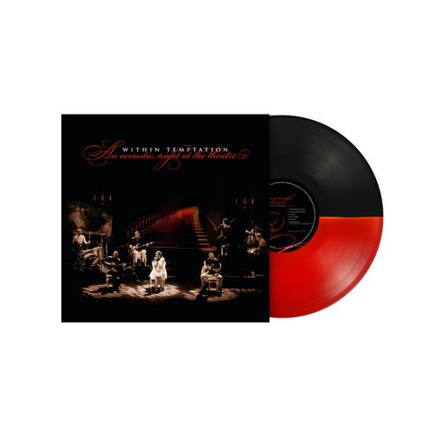 "Within Temptation: An acoustic night at the theatre". Das Cover zeigt Musiker auf einer Bühne, eine Treppe im Hintergrund.