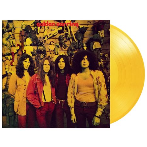 Oben steht "golden earring". Vier Männer in Vintage-Kleidung vor einer Wand mit Spielzeug. Gelbe Vinyl-Schallplatte.