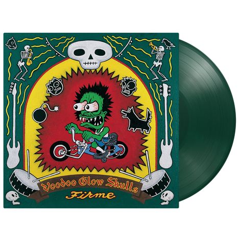„Voodoo Glow Skulls - Firme“, Illustration: grüne Kreatur auf Fahrrad, umgeben von Skeletten, Explosionseffekte. Vinyl-Platte.