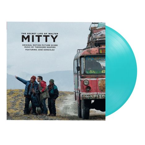 "The Secret Life of Walter Mitty" Text, vier Menschen zeigen eine Richtung, alter Bus, türkisfarbene Schallplatte.