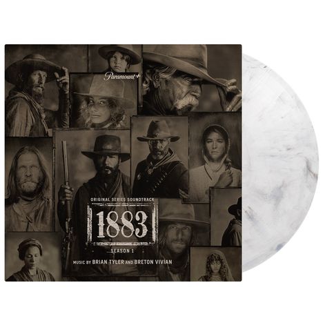 Aufschrift: "1883 Original Series Soundtrack Season 1" von Brian Tyler und Breton Vivian. Sepia-Fotos von Western-Figuren.