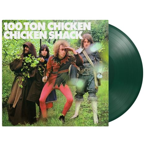 "100 Ton Chicken Chicken Shack" in großen Buchstaben. Vier verkleidete Personen stehen im Grünen.