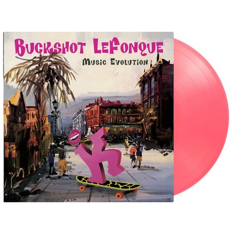 "Buckshot LeFonque", "Music Evolution". Bunte Illustration einer Stadt mit Figuren, rotes Vinyl im Hintergrund.