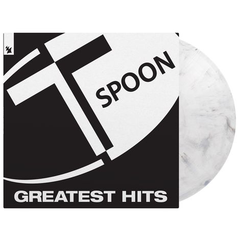 Text: "SPOON", "GREATEST HITS". Schwarz-weißes Design mit großem "T", Schallplatte halb sichtbar.