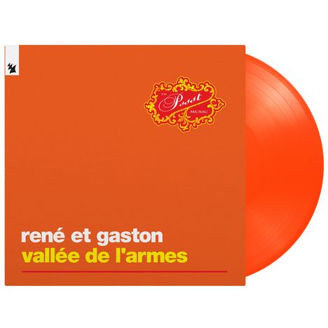 Text: "rené et gaston vallé de l'armes". Orangefarbene Platte und Cover, verziert mit einem roten und gelben Logo.