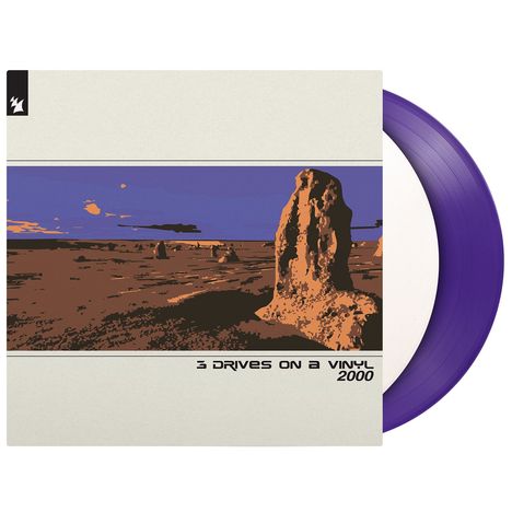 Ein Plattencover mit der Aufschrift "3 DRIVES ON A VINYL 2000", zeigt eine stylisierte Wüstenlandschaft.