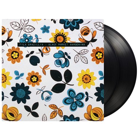 TEXT: "FILA BRAZILLIA - BLACK MARKET GARDENING." Illustration mit bunten Blumenmustern in Gelb, Orange, Blau und Schwarz.