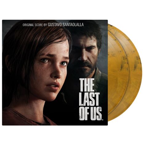 Text: "Original Score by Gustavo Santaolalla" und "The Last of Us". Zwei Menschen sind auf einer Musik-Schallplattenhülle.