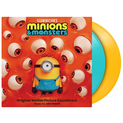 "Minions & Monsters", ein Minion umgeben von großen Augen auf orangefarbenem Hintergrund, gelbe und blaue Schallplatten.