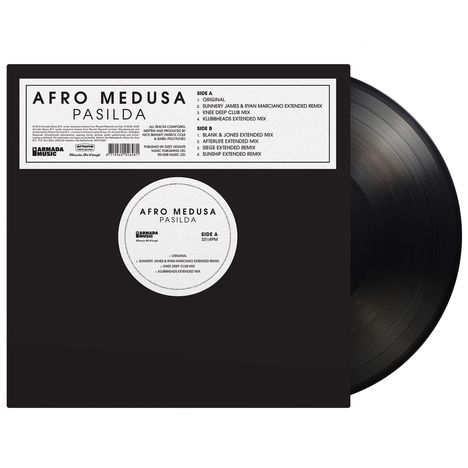 Vinylcover mit den Titeln: "Pasilda" von Afro Medusa. Enthält Original und Remixe. Sichtbare Schallplatte.