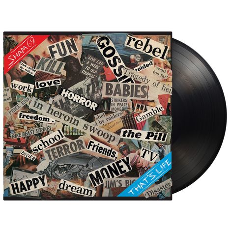 Texte: FUN, GOSSIP, rebel, KILL, HORROR, BABIES, work, love, MONEY, TERROR, FRIENDS, HAPPY, THAT'S LIFE. Collage.