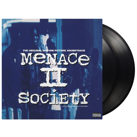 Text auf blauem Hintergrund: "The Original Motion Picture Soundtrack Menace II Society". Zwei schwarze Vinyl-Schallplatten.