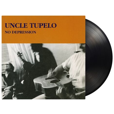"UNCLE TUPELO NO DEPRESSION" auf einem orangefarbenen Hintergrund; Schwarz-Weiß-Bild von Menschen mit Gitarren.