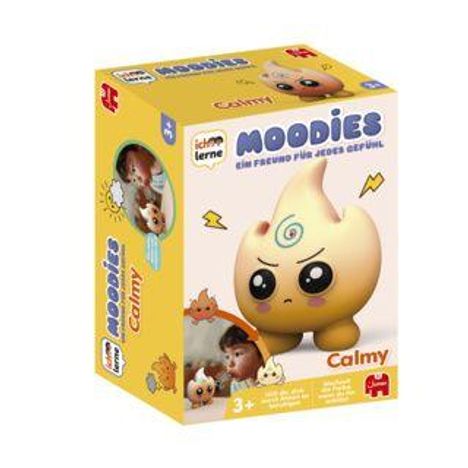 Auf der Verpackung steht: "Moodies - Ein Freund für jedes Gefühl - Calmy". 3+ Jahre. Ein gelbes, flammenförmiges Wesen mit Gesicht.