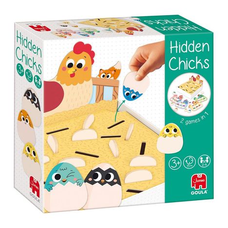 "Hidden Chicks", 2 Spiele in 1, Illustration mit bunten Küken, Henne, Fuchs und Eiern, geeignet ab 3 Jahren.
