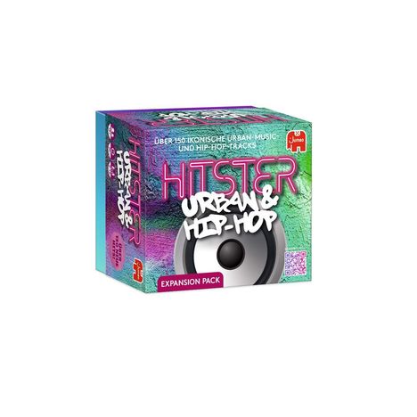 "Hitster Urban & Hip-Hop, Expansion Pack, über 150 ikonische Urban Music und Hip-Hop-Tracks." Bunte Box mit Lautsprecher-Bild.
