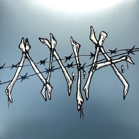 Illustration von Buchstaben aus Knochen und Stacheldraht, metallane Patronen hängen dran. Hintergrund hellblau.