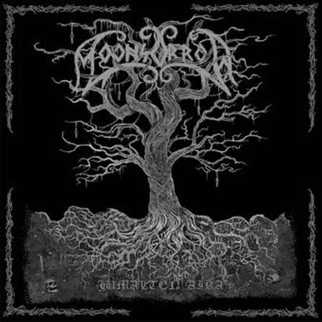 "Moonlover," "amateur bleak"; graues, verzweigtes Baum-Logo auf schwarzem Hintergrund; Wurzeln und Äste verbinden sich.