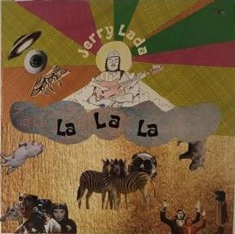Text: "Jerry Lada", "La La La". Illustration mit bunten Strahlen, einer Figur mit Gitarre und Tieren, wie Zebras und Kühen.