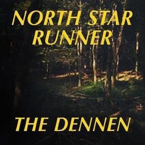 Text: „NORTH STAR RUNNER“ und „THE DENNEN“ in Gelb. Hintergrund: Ein Wald mit Bäumen und Lichtstrahlen.