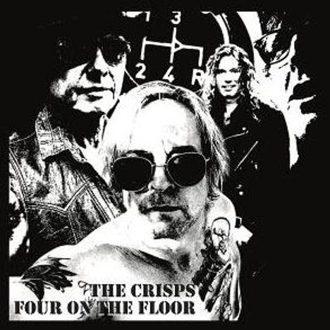 „THE CRISPS FOUR ON THE FLOOR“ in fetter Schrift. Vier Personen mit Sonnenbrillen, schwarz-weiß gehalten.