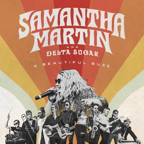 "Samantha Martin and Delta Sugar. A Beautiful Buzz." Retro-Streifenmuster, Musiker mit Instrumenten in schwarz-weiß.