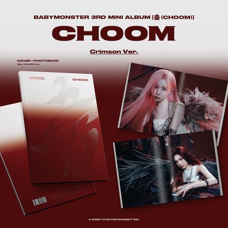 BABYMONSTER 3RD MINI ALBUM [춤 (CHOOM)], große rote Schrift. Album-Cover, Fotobuch und Fotos von Personen.