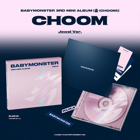„BABYMONSTER 3RD MINI ALBUM [춤 (CHOOM)] CHOOM Jewel Ver.“ – Hülle, Buch, CD, Karten in Rosa und Blau.