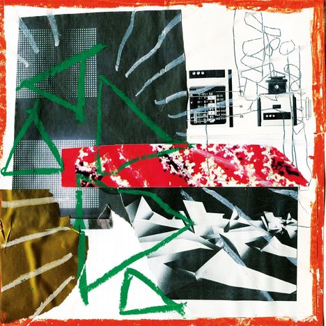 Abstrakte Collage mit grünen Dreiecken, schwarzem und rotem Hintergrund sowie grafischen Elementen und Kritzeleien.