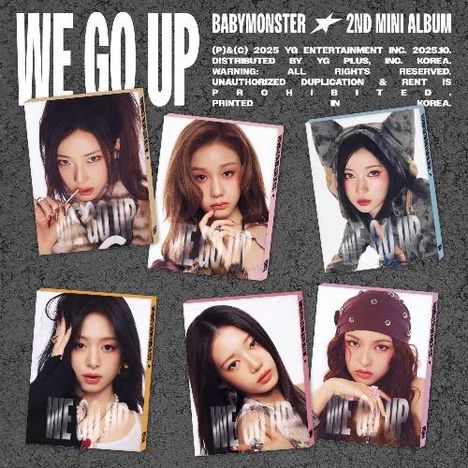 "We Go Up" und "Babymonster 2nd Mini Album". Sechs junge Frauen posieren in unterschiedlichen Outfits und Posen.